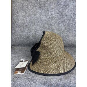 Scala Hat Cap Strap Back Womens Large Brown Black Wide Brim Bow Sun Protection